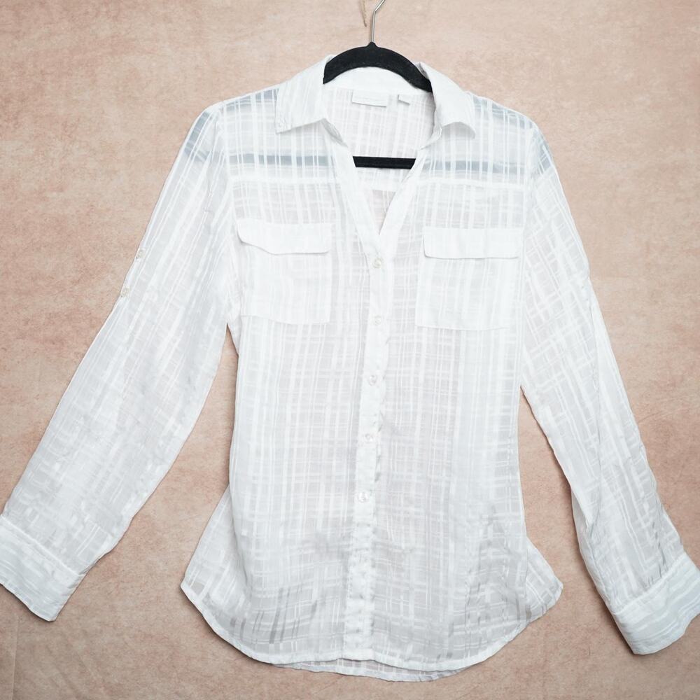 New York & Company Sheer White Plaid Blouse M Y2K